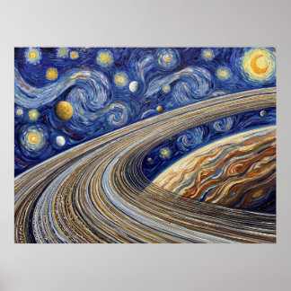 Planet Saturn Rings Starry Night Landscape Poster