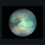 Planet Saturn’s Moon Titan Poster<br><div class="desc">Titan is the largest of Saturn’s 7 moons and has a dense atmosphere with evidence of liquid hydrocarbon lakes on its surface of ice and rock. The atmosphere is primarily nitrogen with methane and ethane clouds. Only Jupiter’s moon Ganymede is larger. Titan was discovered in 1655 by the Dutch astronomer...</div>