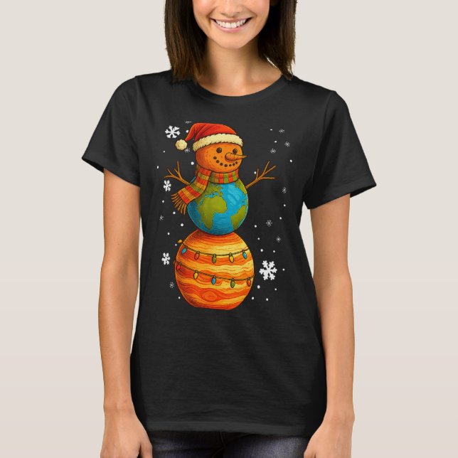 Planet Snowman Earth Saturn Christmas Holiday Art  T-Shirt (Front)