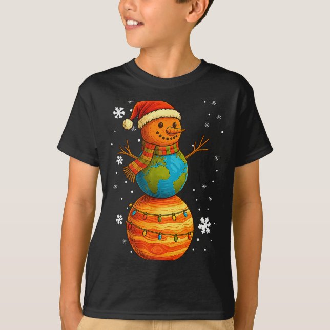 Planet Snowman Earth Saturn Christmas Holiday Art  T-Shirt (Front)