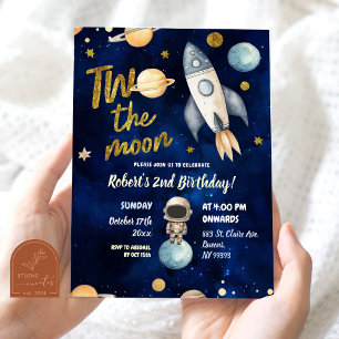 Planet Space Astronaut Two The Moon 2nd Birthday Invitation