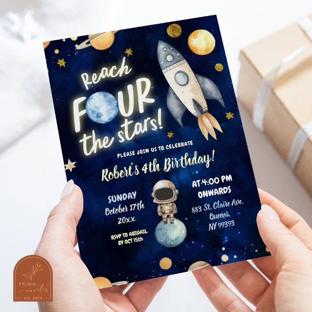 Planet Space Boy Reach Four The Stars 4th Birthday Invitation | Zazzle