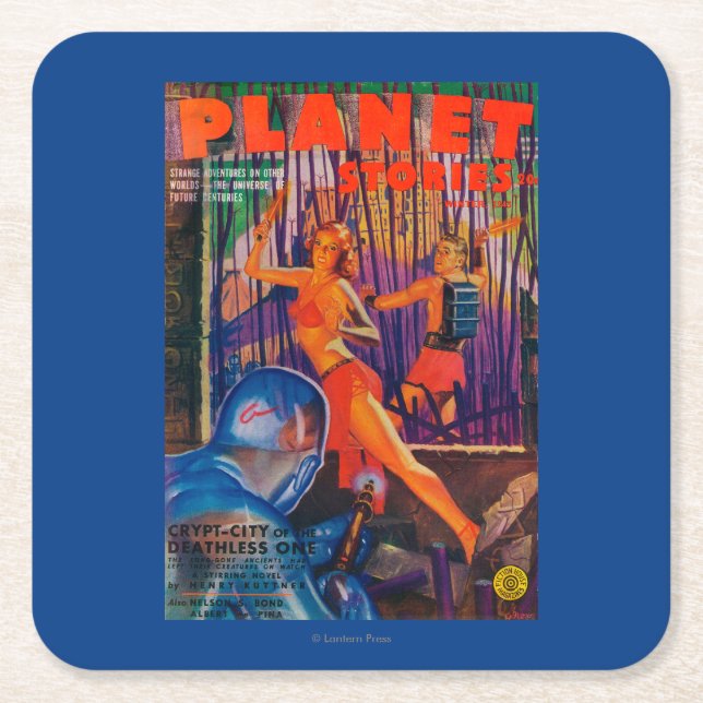 Planet Stories Magazine Cover 3 Square Paper Coaster (Front)
