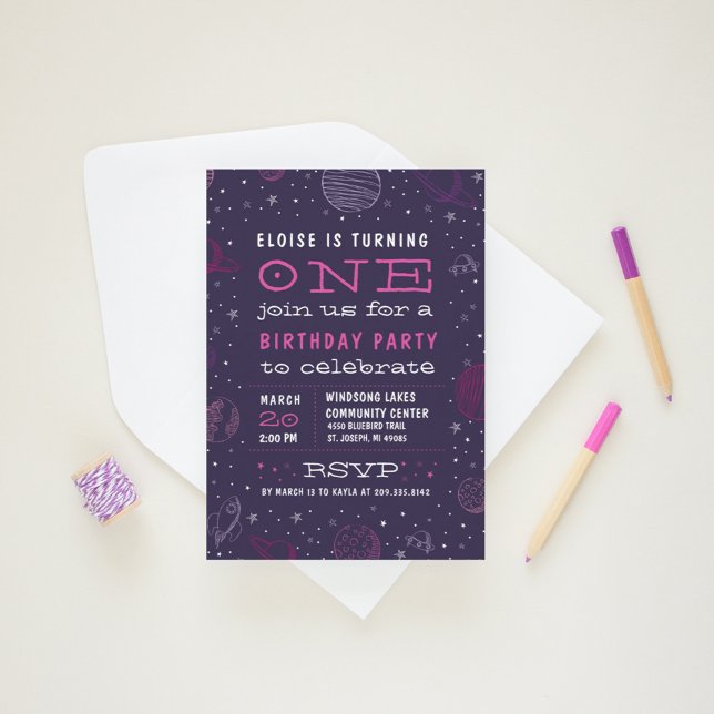 Planet Theme Outer Space Birthday Party Invitation (space themed birthday invitation for girls)