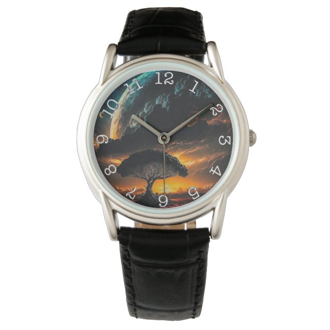 Planet Tree- Crown Protector Black Leather Watch (Front)
