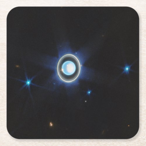 Planet Uranus with Rings and Moons JWST Image Square Paper Coaster