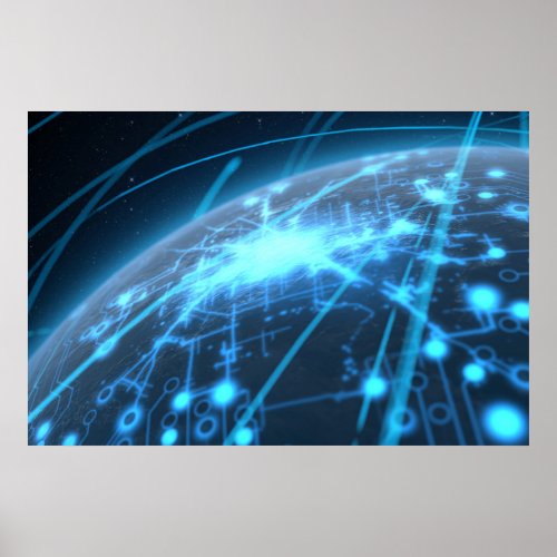 Planet With Illuminated Network And Light Trails Poster