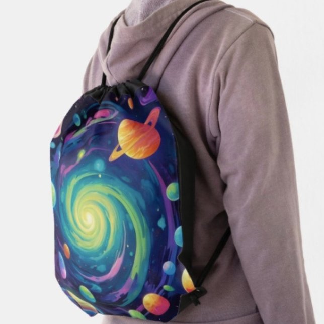 Planetary Spin Drawstring Bag (Space Drawstring Bag – 100% polyester and constructed with reinforced black trim,  solid black back.)