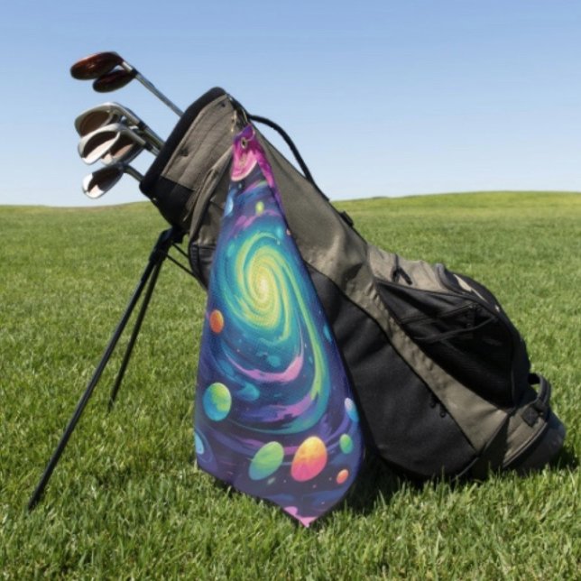 Planetary Spin Golf Towel (Neon Galaxy Space Golf Towel – Cosmic Spiral Planets Club Towel Trippy Nebula Golfer Sports Gift
)