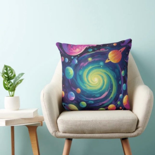 Planetary Spin Throw Pillow (Neon Galaxy Space Throw Pillow – Cosmic Spiral Planets Home Decor Trippy Nebula Sofa Cushion Gift)