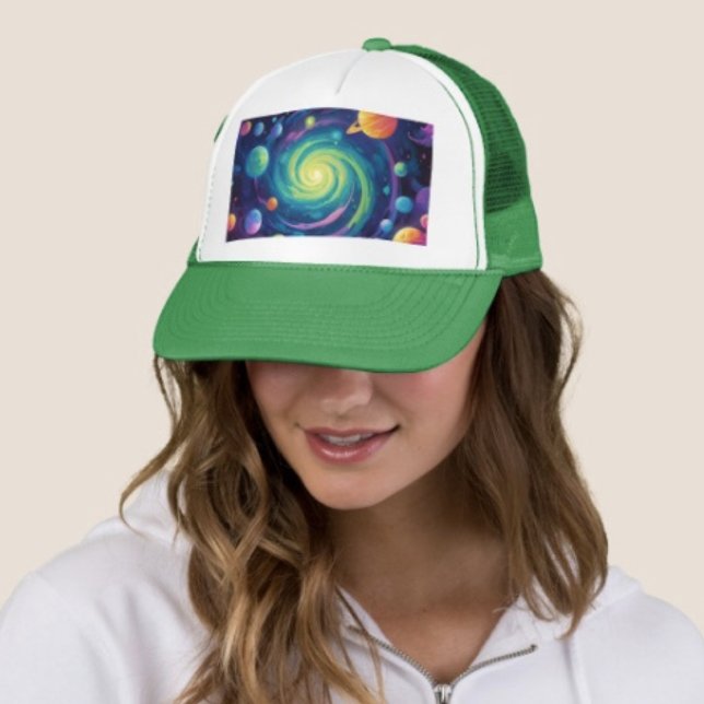 Planetary Spin  Trucker Hat (Galaxy Space Trucker Hat   Adjust from 17" to 24" 100% polyester foam front 100% nylon mesh back. )