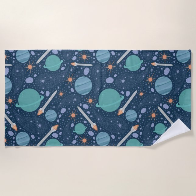 Planets and rockets galaxy beach towel (Front)