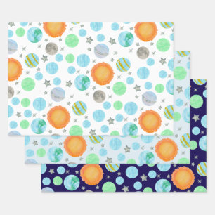 Planets and suns blue first trip birthday wrapping paper sheets