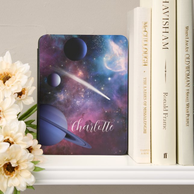 Planets In Space Personalized Kindle Cover (In Use (Bookshelf))