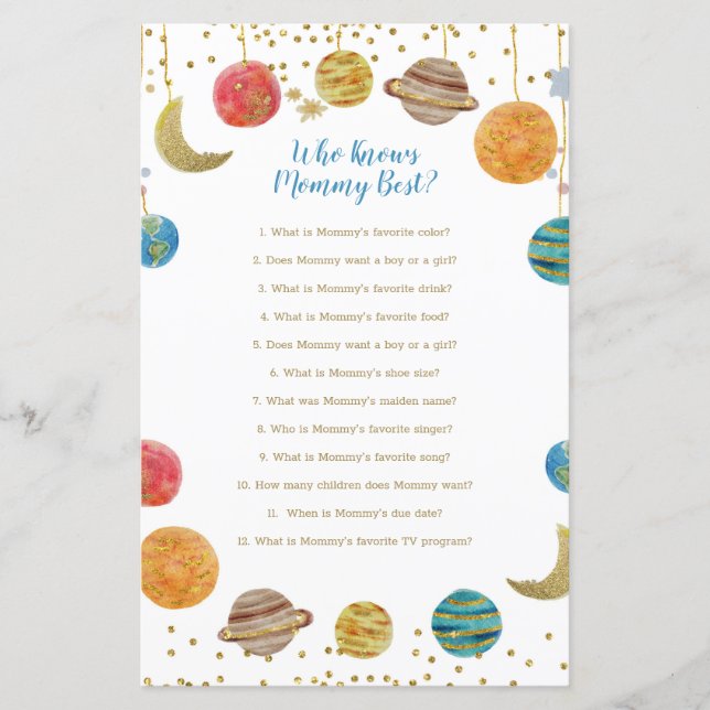 Planets Outer Baby Shower Who Knows Mommy Best (Front)