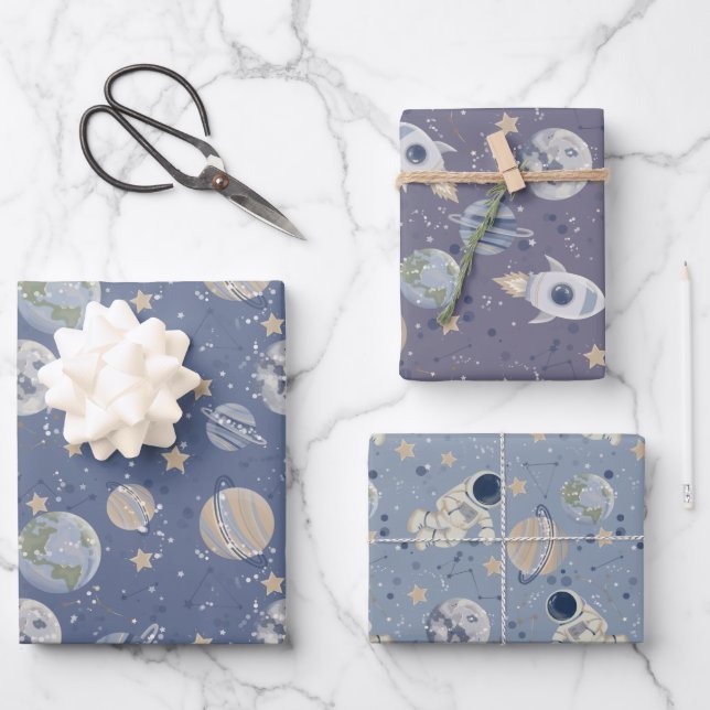 Planets Outer Space Astronaut  Wrapping Paper Sheets (Front)