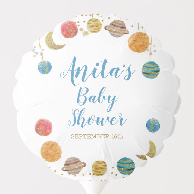Planets Outer Space Baby Shower Gold Glitter Balloon (Back)