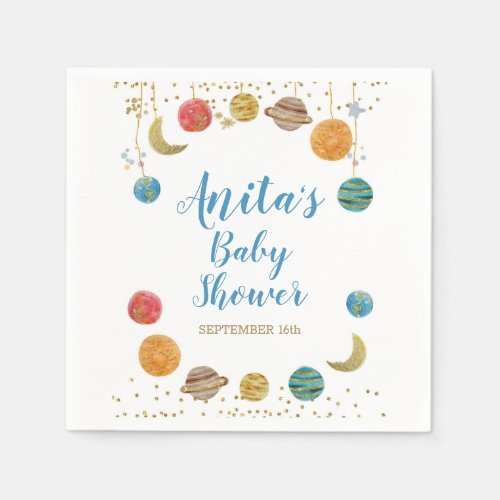 Planets Outer Space Baby Shower Gold Glitter Napkins