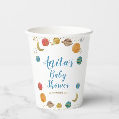 Planets Outer Space Baby Shower Gold Glitter Paper Cups