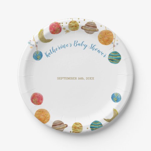 Planets Outer Space Baby Shower Gold Glitter Paper Plates