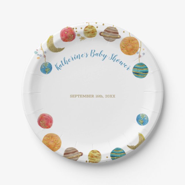 Planets Outer Space Baby Shower Gold Glitter Paper Plates (Front)