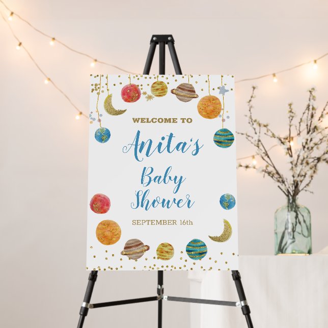 Planets Outer Space Baby Shower Gold Glitter Sign (In Situ (Stand))