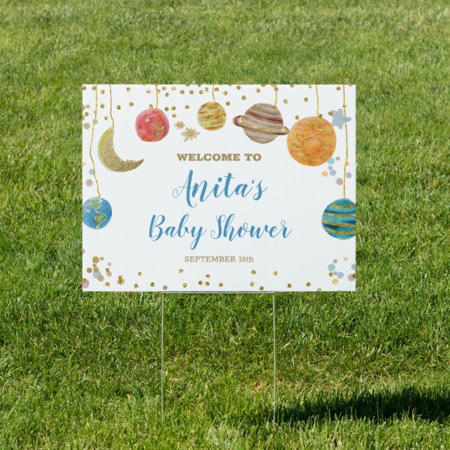 Planets Outer Space Baby Shower Gold Glitter Sign (Insitu)