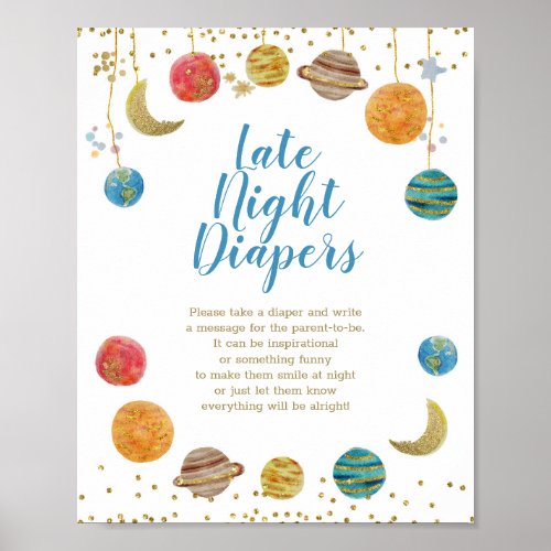 Planets Outer Space Baby Shower Late Night Diapers Poster