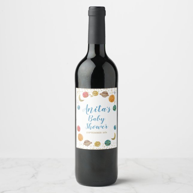 Planets Outer Space Baby Shower Wine Label (Front)