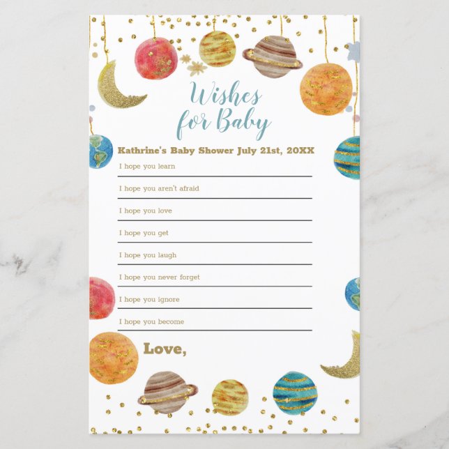 Planets Outer Space Baby Shower Wishes for baby (Front)