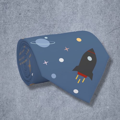 Planets  Rocket Outer Space Blue Neck Tie
