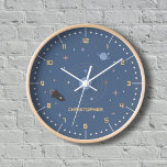 Planets & Rocket, Outer Space Wall Clock<br><div class="desc">A blue wall clock on the space theme with planets,  stars and a rocket in cartoon style. It comes with customizable forename,  it will be a nice gift for kid's room decoration. This clock could also be place in a nursery or in a game room.</div>