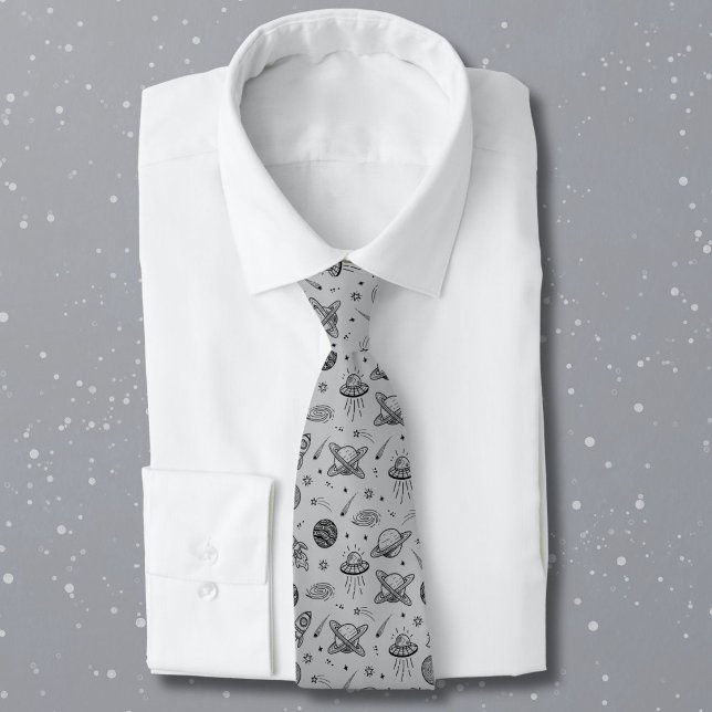 Planets rockets grey doodle space  neck tie (Creator Uploaded)