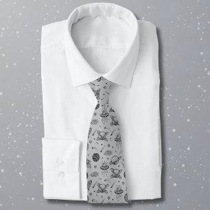 Planets rockets grey doodle space neck tie