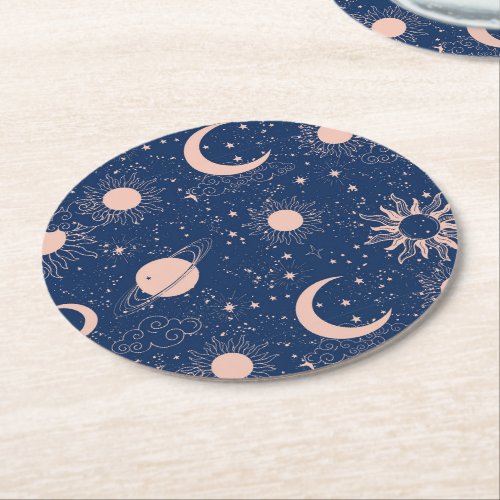 Planets  Stars Pattern Round Paper Coaster