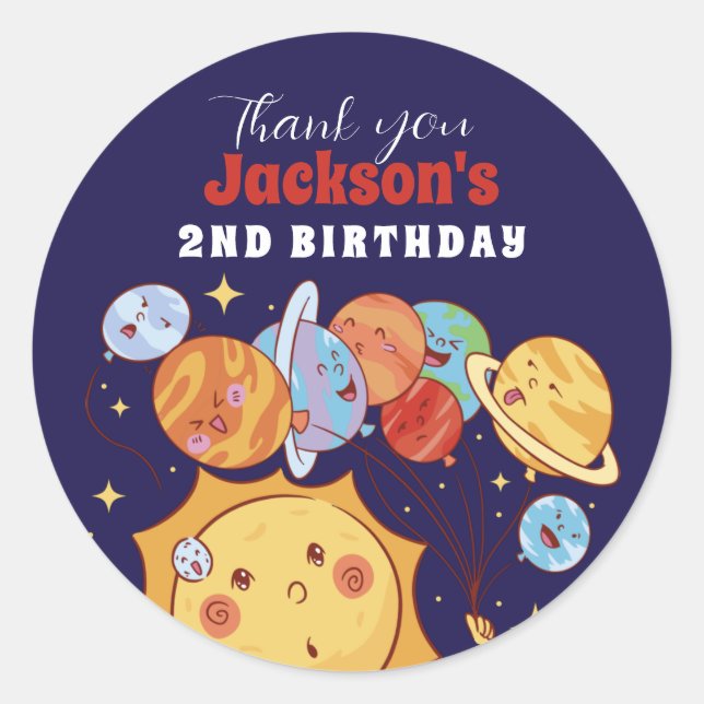 Planets Sun Outer Space Kids Birthday Party Classic Round Sticker (Front)
