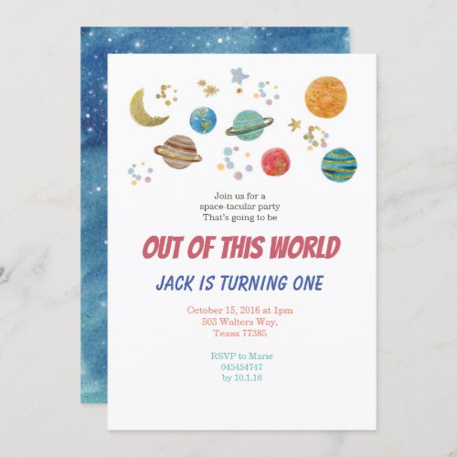 Planets Watercolor BIrthday Party Invitation