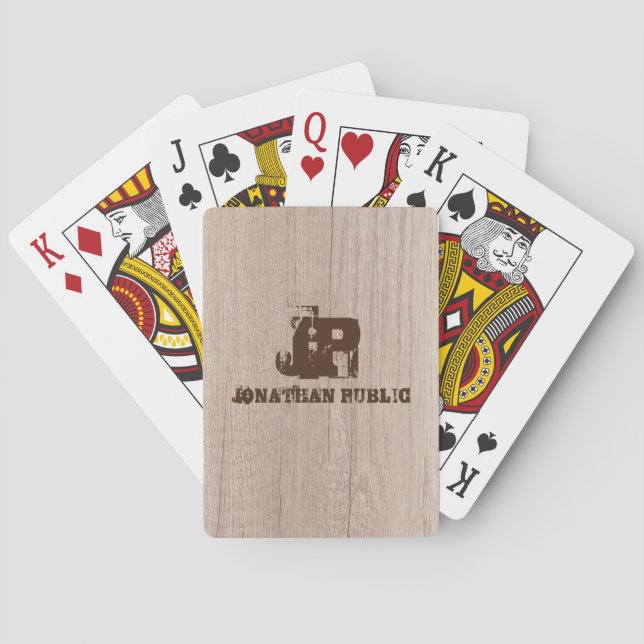 Plank Wood Board Look Monogram Custom Template Poker Cards (Back)