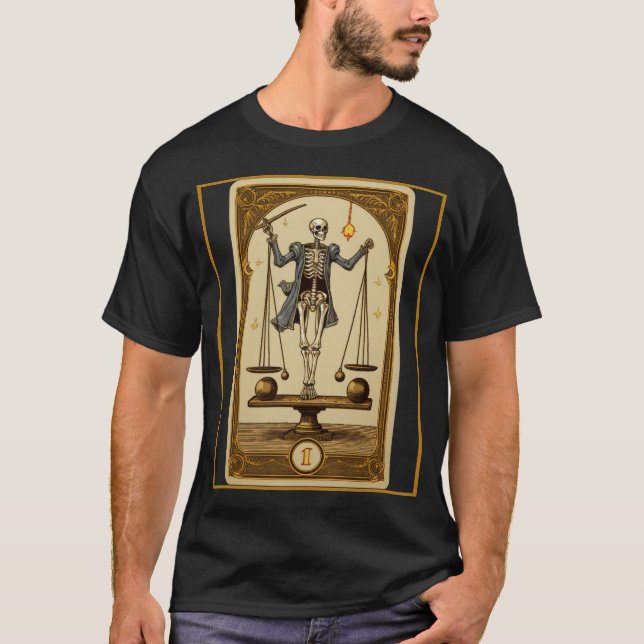 Planking Tarot Card Skeleton Balance Scale Core T-Shirt (Front)