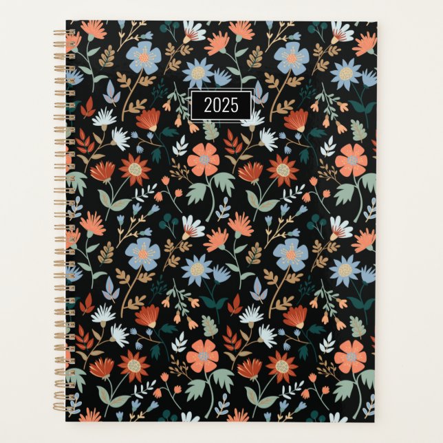 Planner Elegant Flowers Black Orange Blue Floral (Front)