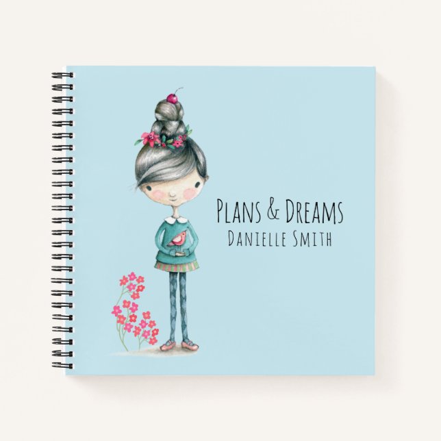 "Plans & Dreams" Cute Boho Girl With Bird Notebook (Front)