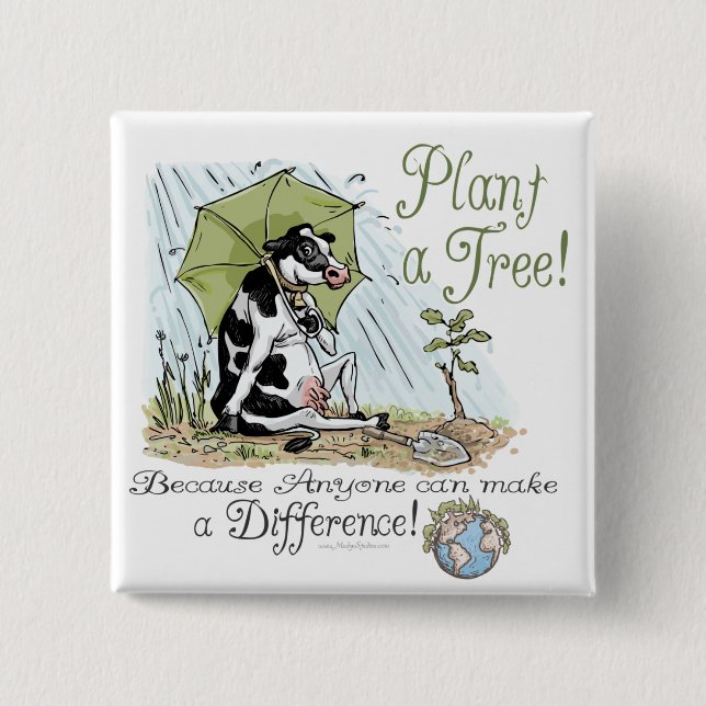 Plant a Tree Earth Day Cow Gear Pinback Button (Front)