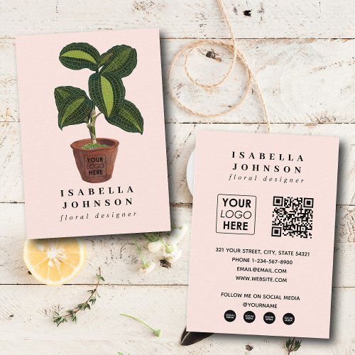 Plant Florist Logo Pink QR Code Social Media Business Card