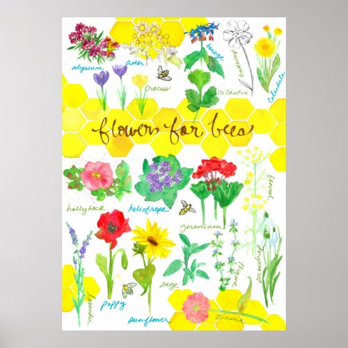 Plant Flowers For Bees Honeycomb Watercolor Poster