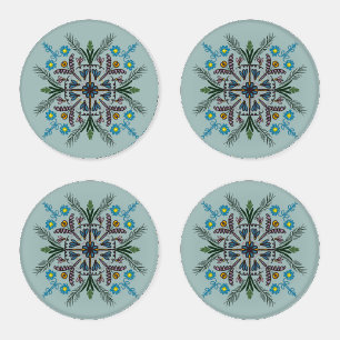 Plant Greenery Floral Mandala Blue Coaster Set