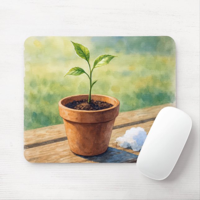 Plant In Clay Pot With Snow Pile Mouse Pad (With Mouse)