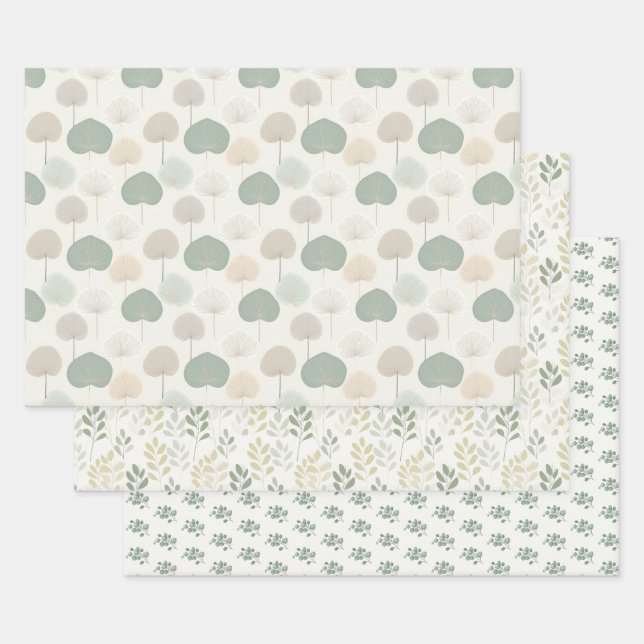 Plant leaf green beige grey neutrals wrapping paper sheets (Set)