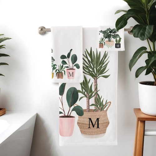 Plant Lover Chic Watercolor Potted Plants Monogram Bath Towel Set