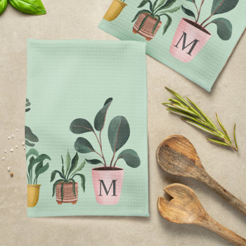 Plant Lover Chic Watercolor Potted Plants Monogram Kitchen Towel by moodthology at Zazzle