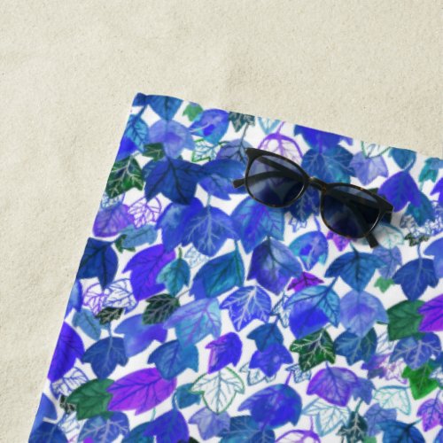 Plant Lover Falling Leaves Blue Watercolor Beach Towel